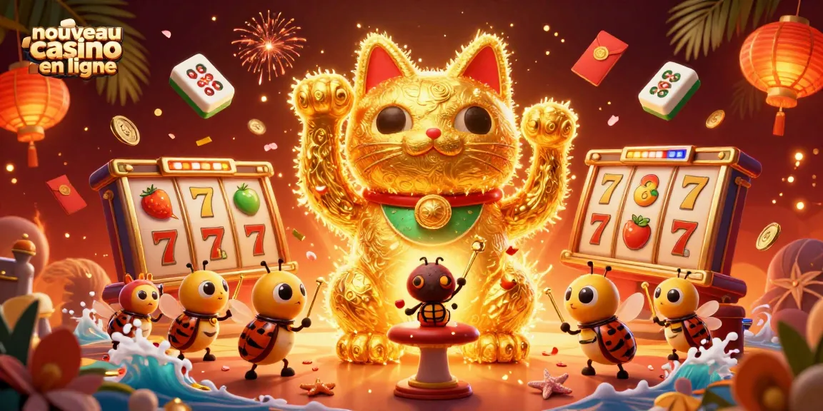 Vivez l'expérience d'un nouveau casino en ligne avec ce chat porte-bonheur animé entouré de symboles gagnants.