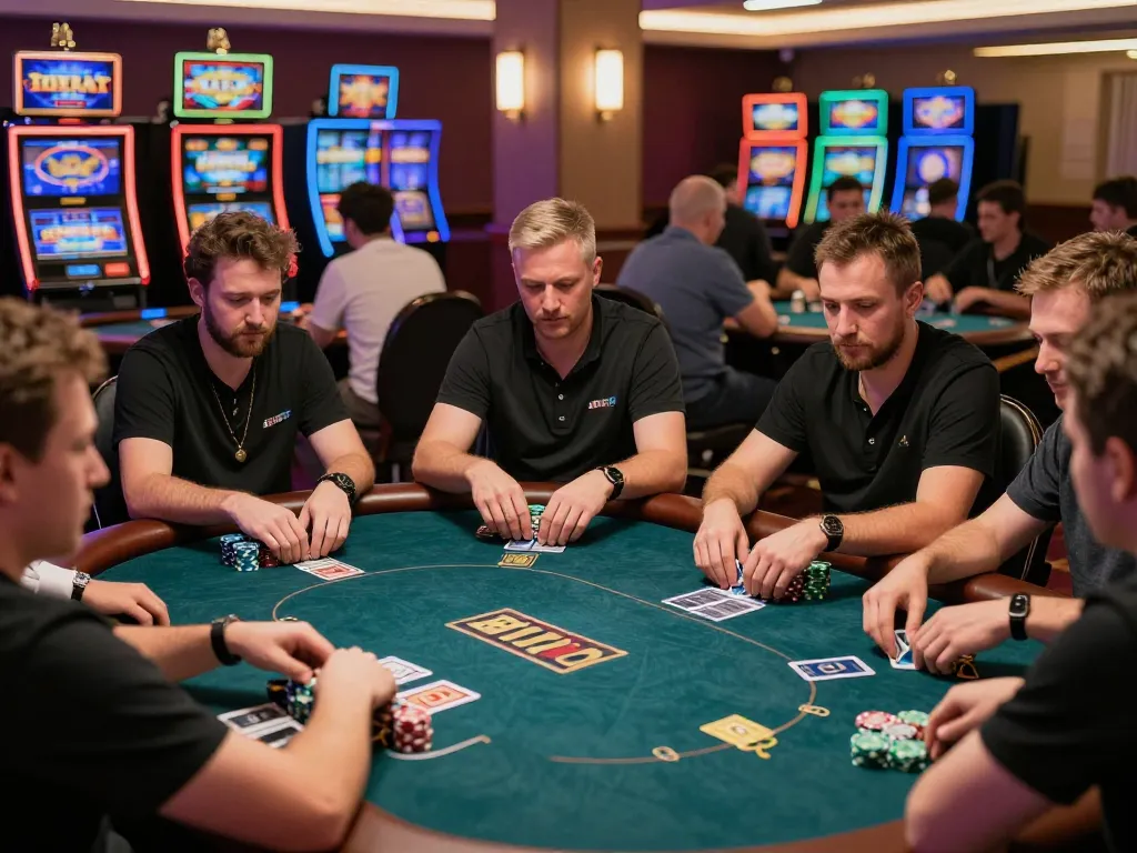 Engaged players at BUKA77 poker tournament making tactical decisions during an exciting game.