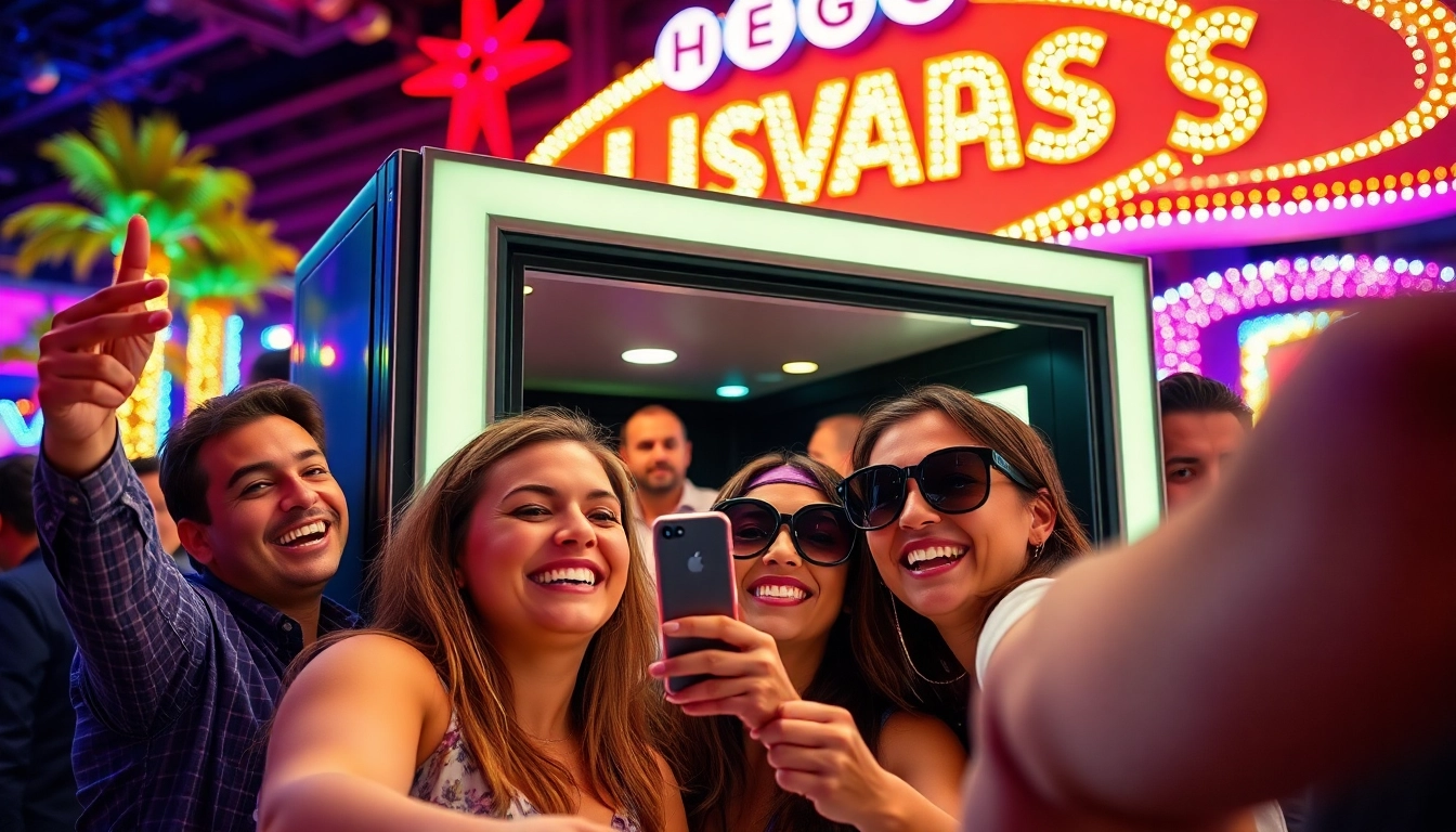 Guests enjoying fun Photo Booth Rentals Las Vegas experience with joyful expressions and vibrant props.