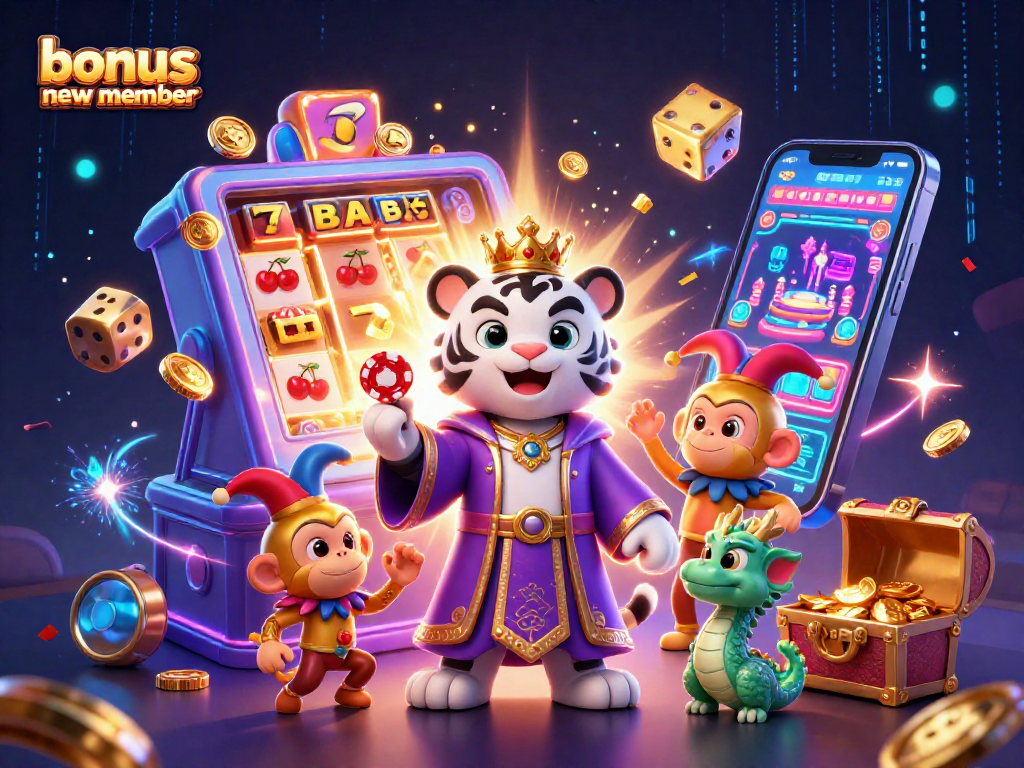 Engage with the bonus new member offer featuring a vibrant 3D casino scene packed with exciting gaming elements.