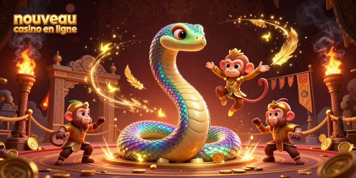 Illustration d'un nouveau casino en ligne avec un serpent arc-en-ciel et un roi singe dans une scène magique, mis en valeur par des effets lumineux.