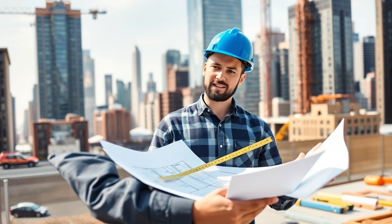New York General Contractor examining blueprints at a construction site surrounded by urban skyline.