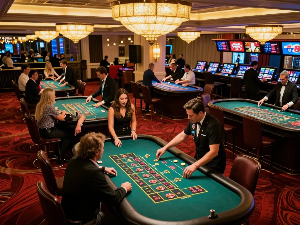 Experience the excitement of slot gacor hari ini as players engage at roulette tables in a lively casino atmosphere.