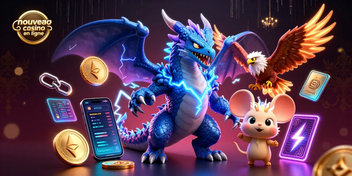 Découvrez le nouveau casino en ligne avec une illustration dynamique de dragon et crypto-monnaies.