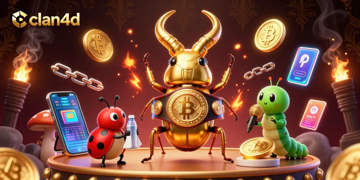 Engage with clan4d in a vibrant 3D casino illustration showcasing a golden beetle boxing champion with crypto elements.