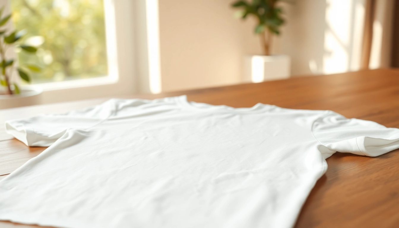 A blank white t shirt displayed on a wooden surface, highlighting its soft fabric and texture.