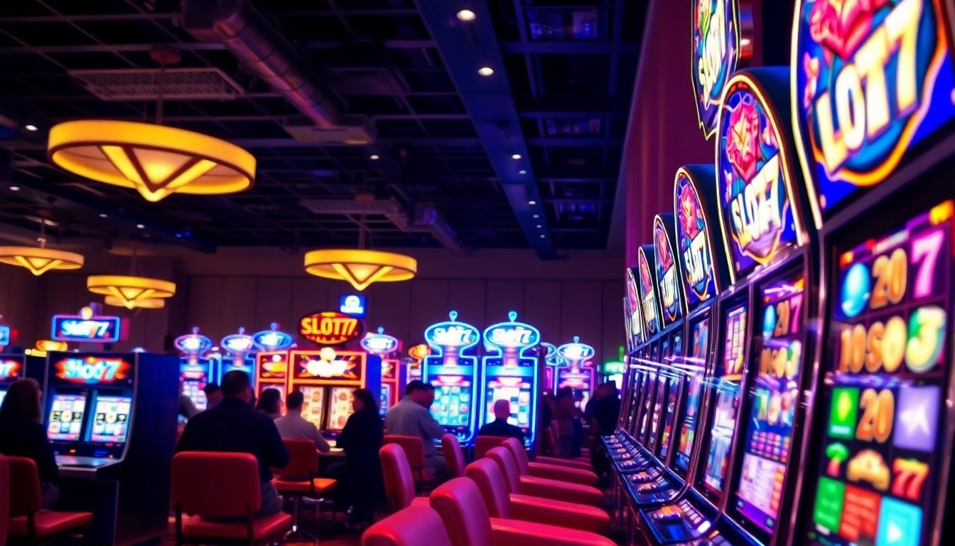 Menangkan jackpot Slot77 dengan mesin slot yang menyala dalam suasana kasino yang ramai.