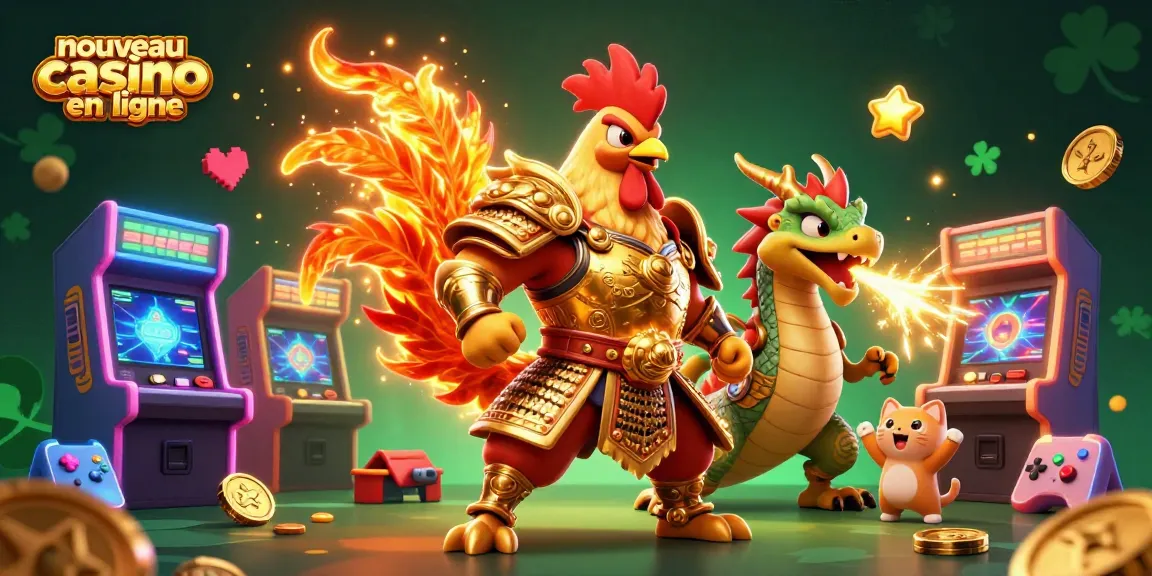 Illustration dynamique pour un nouveau casino en ligne mettant en scène un guerrier coq de combat et un dragon, remplie d'éléments de jeu