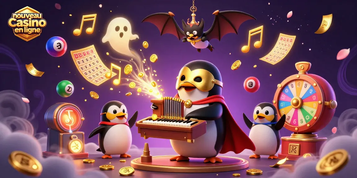 Visualisation captivante de nouveaux casinos en ligne avec un pingouin et des éléments de jeu dynamiques.