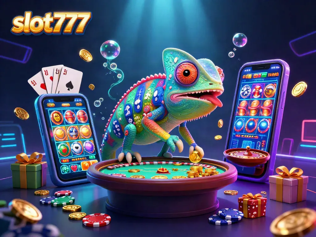 Permainan slot777 yang mengagumkan dengan chameleon pemilik kasino dan koin emas yang terbang.