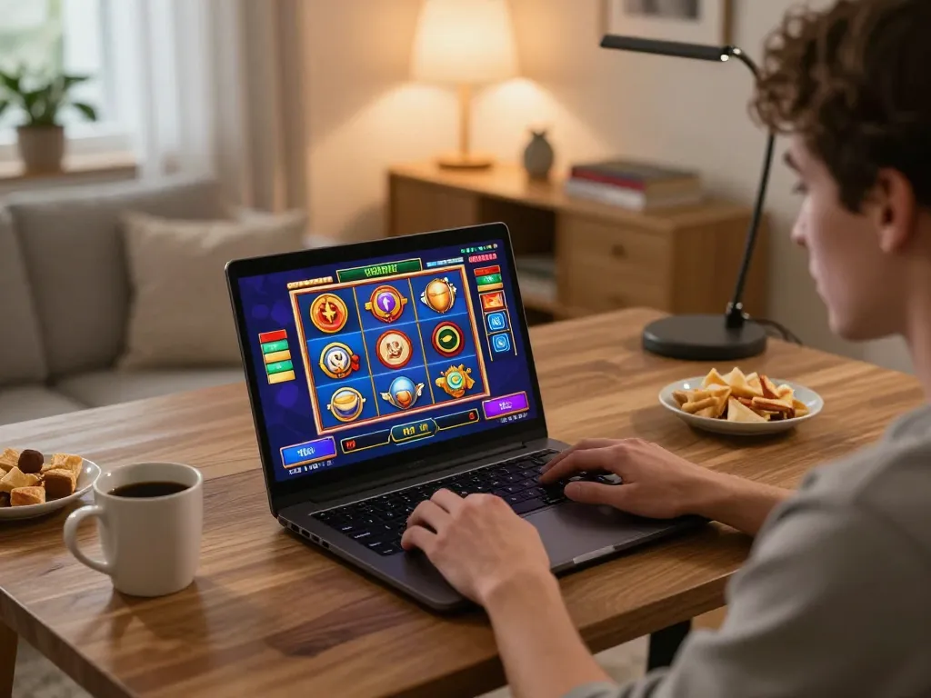 Player engaging with N188 com slots on a laptop in a cozy home environment