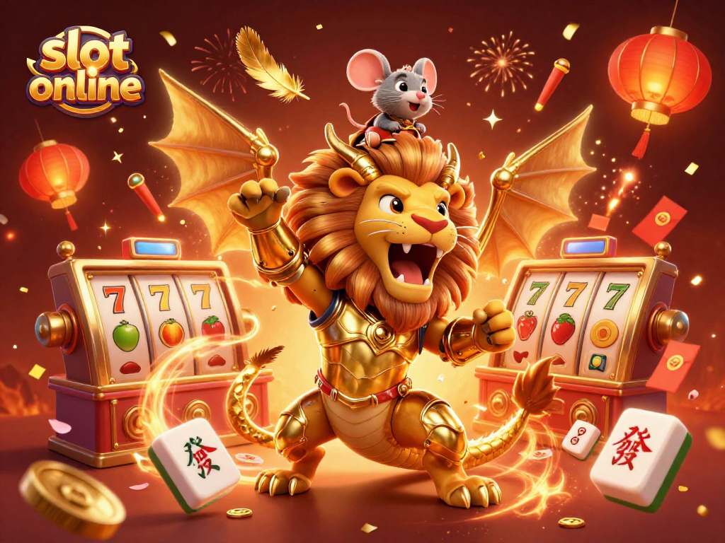 Experience the thrill of slot online with a triumphant chimera and mouse jockey amidst vibrant casino elements.
