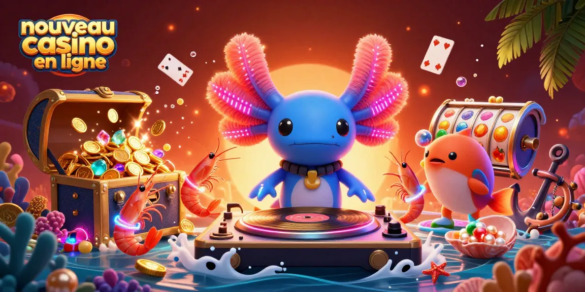 Découvrez le nouveau casino en ligne avec une scène vibrante mettant en avant un DJ axolotl et des animations sous-marines.