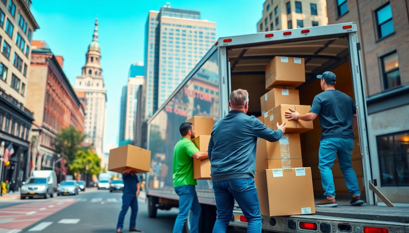 Movers in Boston efficiently loading boxes into a truck with the city's skyline in the background.