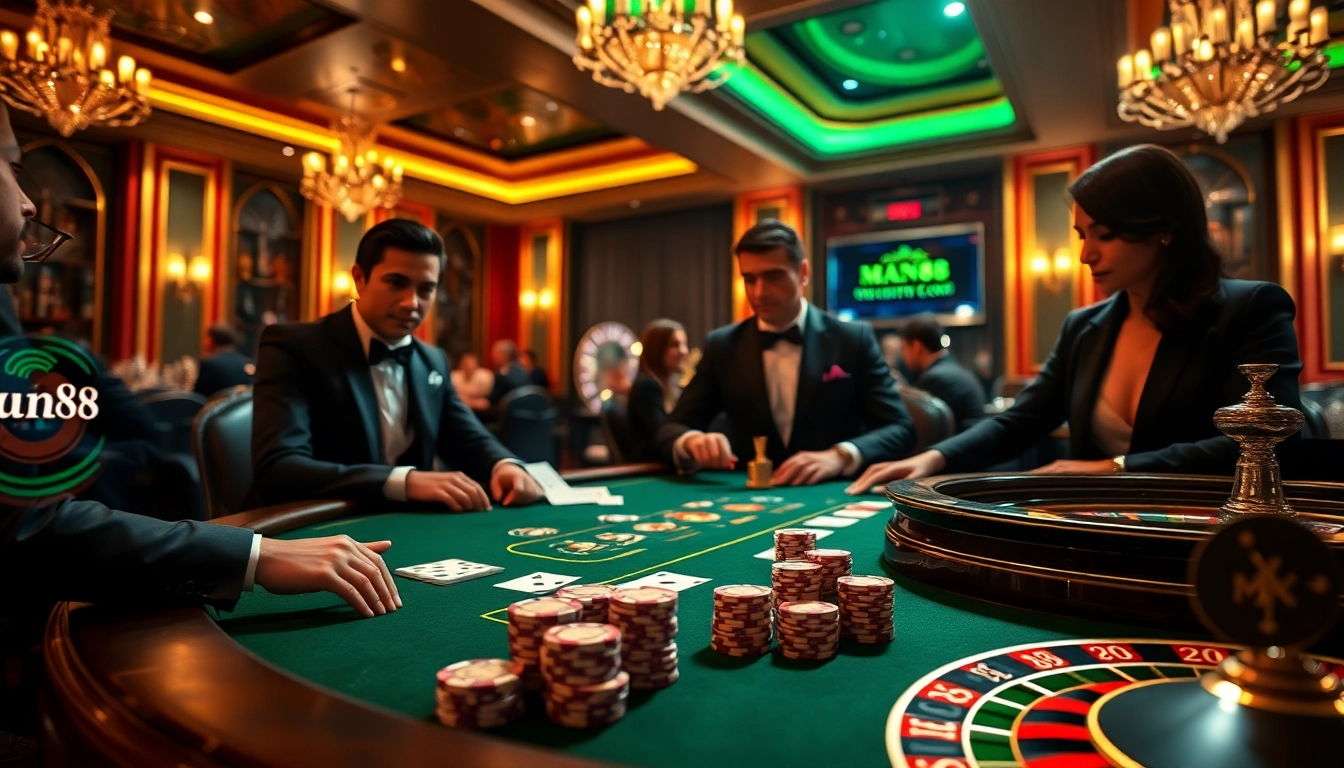 Man88 poker table scene with glamorous players and high-stakes action.