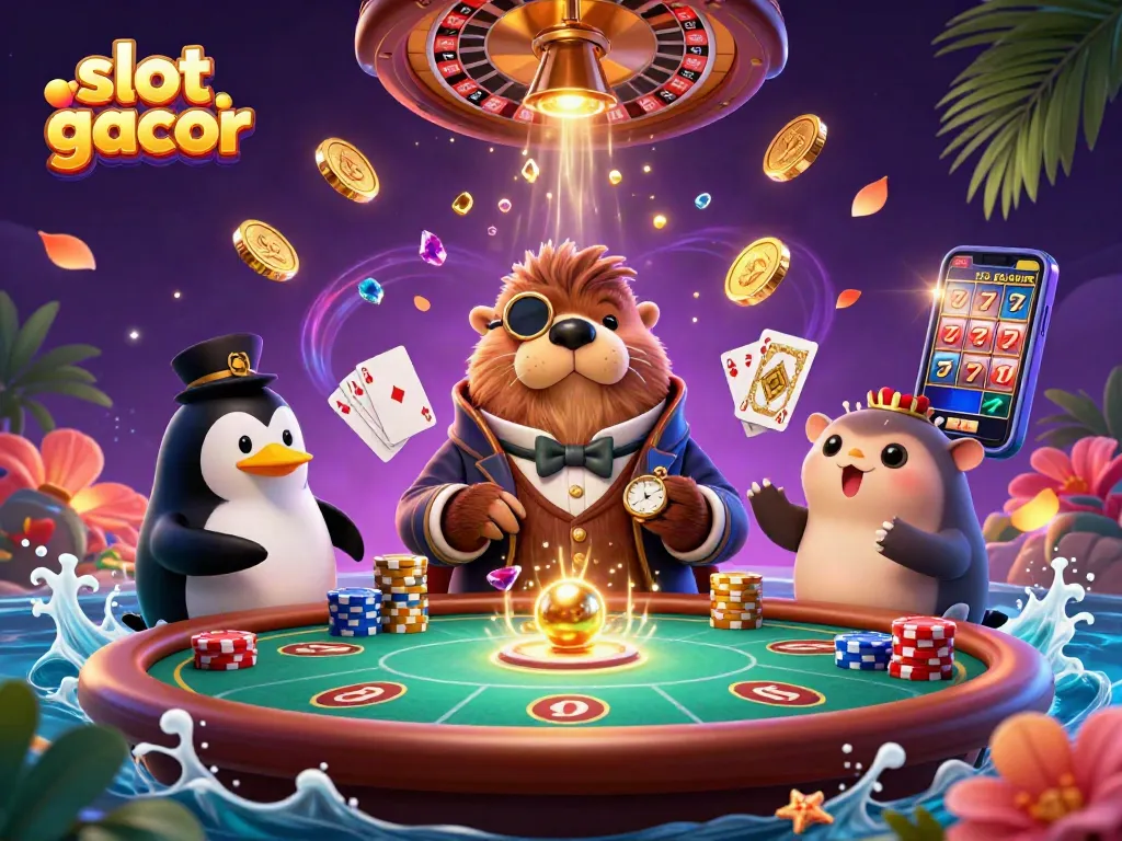 Experience excitement with slot gacor at an underwater casino scene featuring cheerful characters and dynamic gameplay elements.