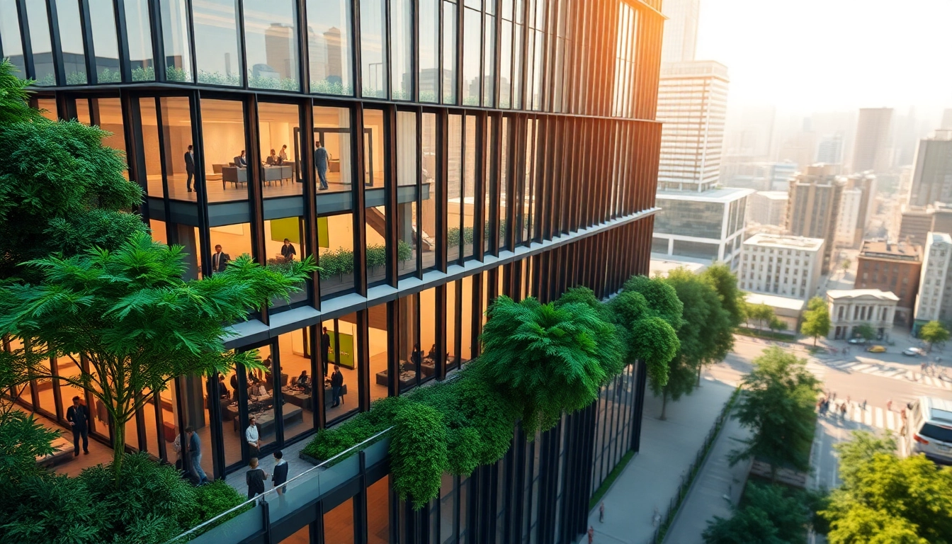 3D Visualisierung erstellen eines modernen architektonischen Gebäudes in einer lebendigen urbanen Umgebung.