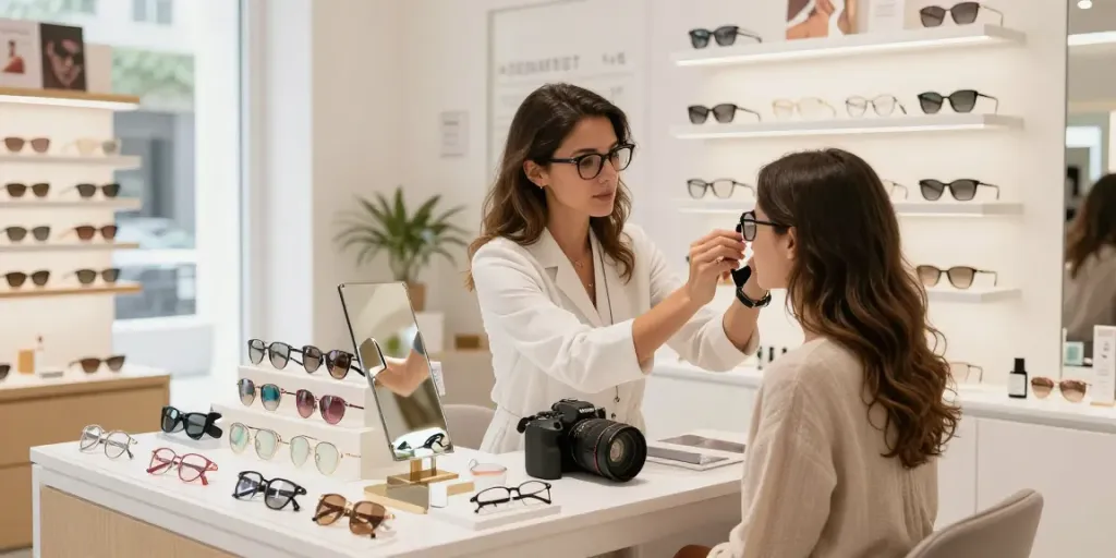 Experiência de compra de lentes de contato com consultoria personalizada em loja moderna.