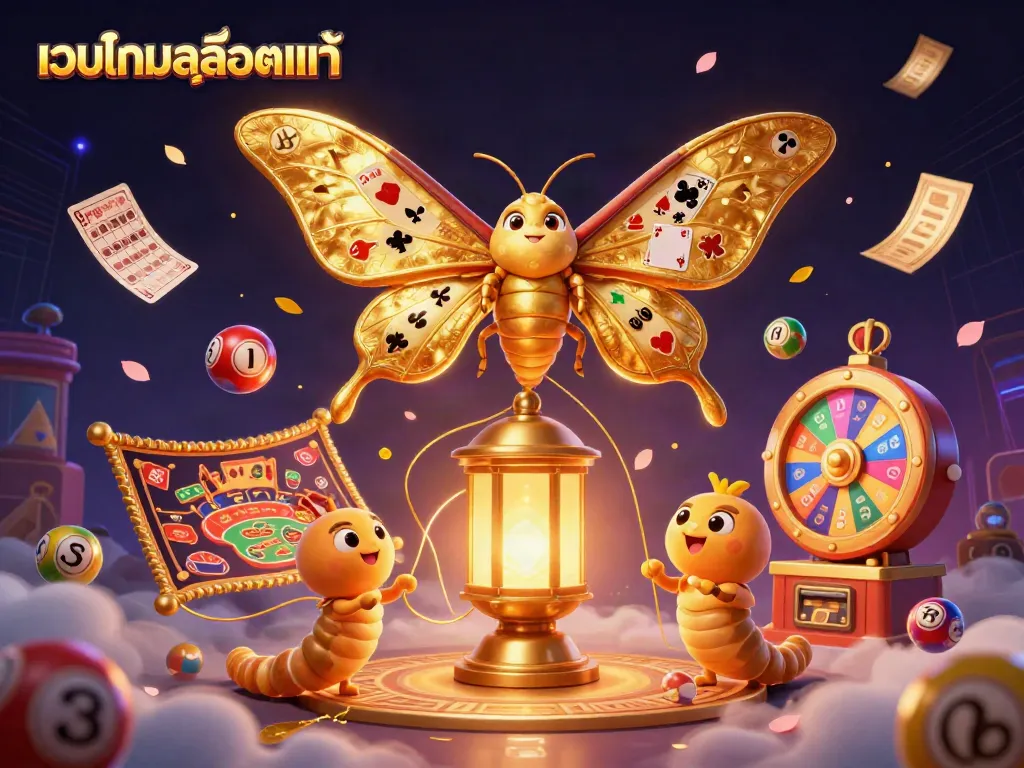Spin and win with เว็บเกมสล็อตแท้ showcasing colorful lottery elements and a majestic moth in a casino-themed scene.