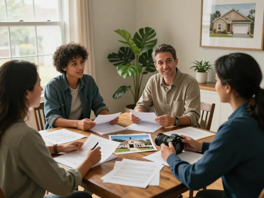 We buy houses for cash negotiation scene with friendly buyers and diverse sellers at table, showcasing trust.