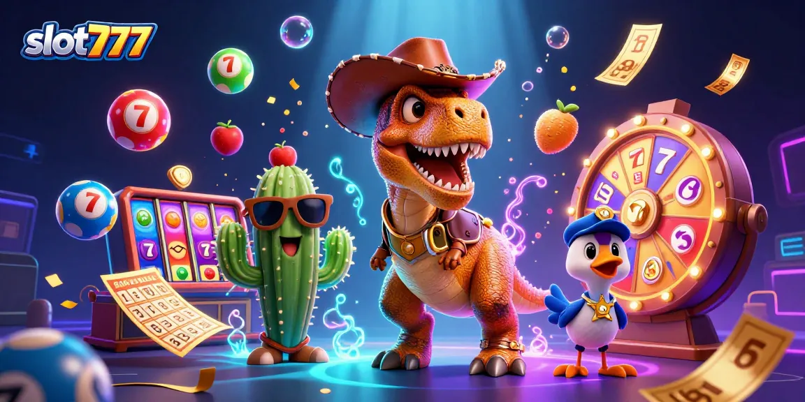 Engage with slot777 as colorful slot reels and playful characters create an exciting casino atmosphere.