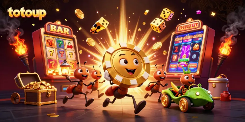 Experience the thrill with totoup as ants steal a massive golden poker chip in a dynamic casino scene.