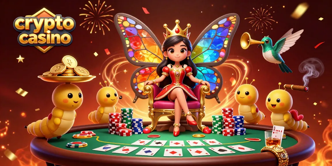 Jouer dans un crypto casino avec des personnages colorés et des jetons brillants de Bitcoin et Ethereum.