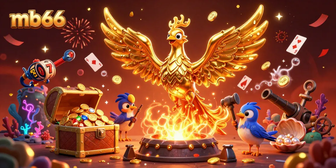 Experience thrilling winning moments with mb66 as golden coins flow from a molten phoenix amidst casino excitement.