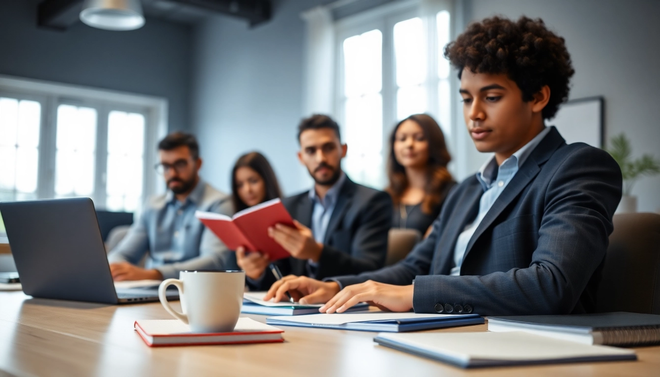 Engaged TOEFL test takers for hire focused on study materials in a bright workspace.