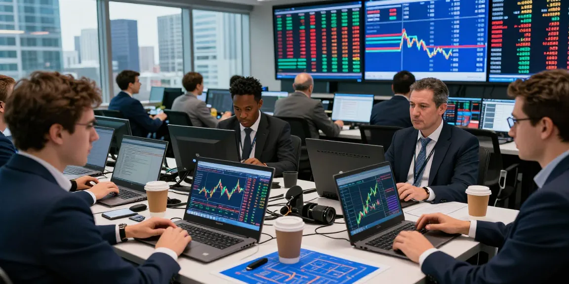 Analyzing currency exchange rates live on modern trading floor with professionals and real-time data displays.