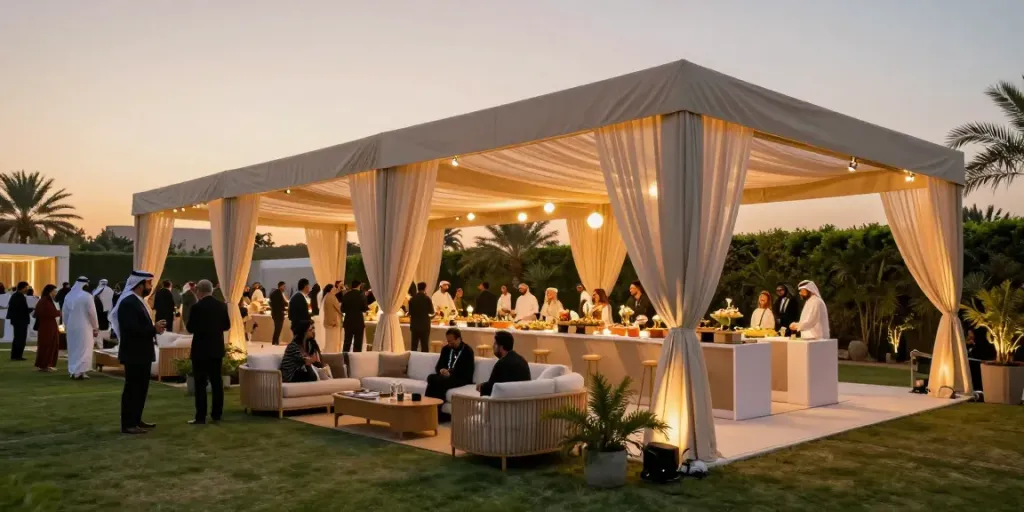 Event rental KSA setup featuring luxury marquee, elegant décor, and happy guests.