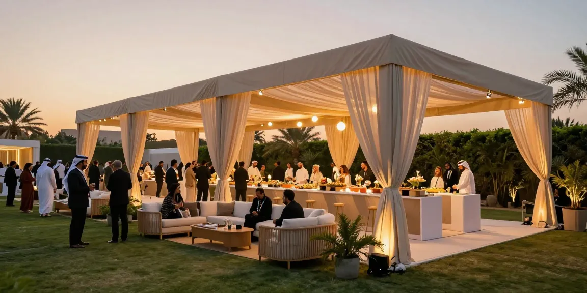Event rental KSA setup featuring luxury marquee, elegant décor, and happy guests.