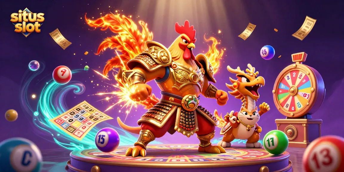 Reveal thrilling situs slot adventures with a fierce rooster warrior and dragon hatchling amidst dynamic gaming elements.