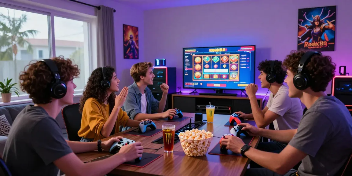 Friends playing on a gaming console featuring rokok88 slot login, lively room atmosphere with snacks and gaming gear.