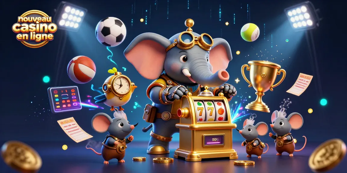 Illustration d'un nouveau casino en ligne avec un éléphant steampunk et des éléments de jeu dynamiques.