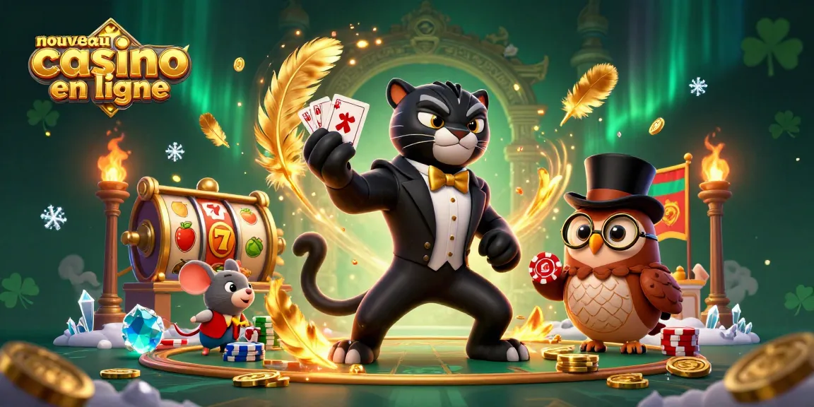 Illustration d'un nouveau casino en ligne avec un panthère en costume, une chouette et une souris, jouant avec des jetons au milieu d'effets de jeu