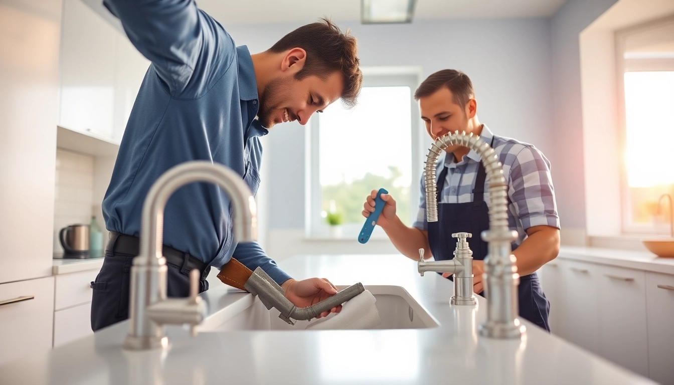 Plumber near me fixing a sink in a bright kitchen setting