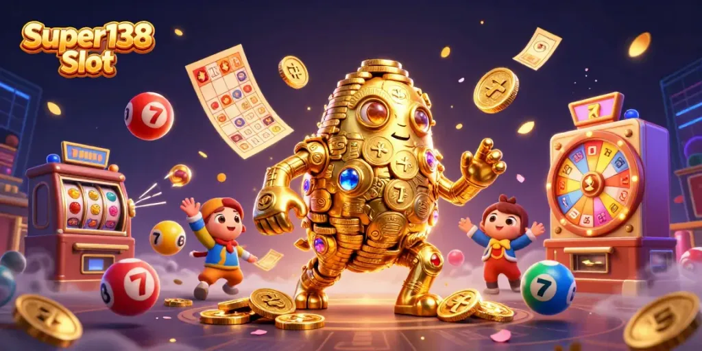 Engage with the Super138 Slot featuring a dynamic golden golem and vibrant casino elements.