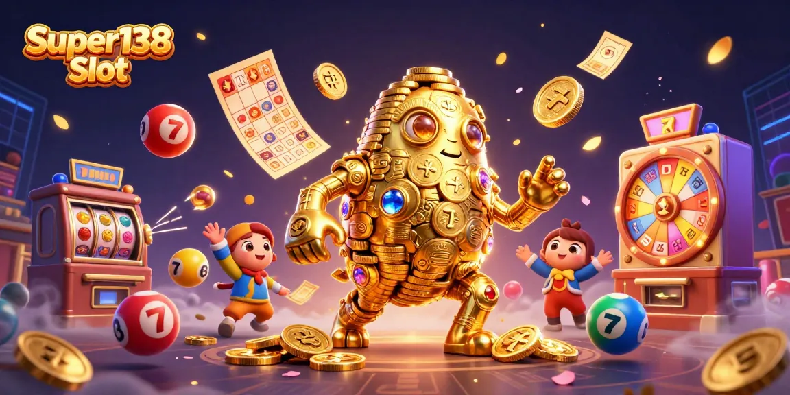 Engage with the Super138 Slot featuring a dynamic golden golem and vibrant casino elements.