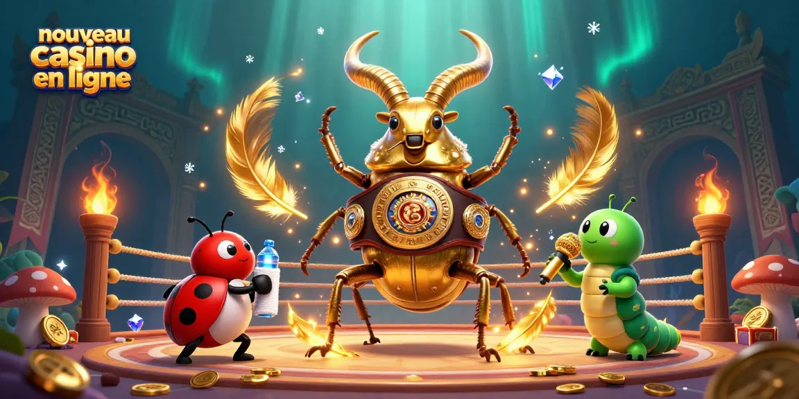 Illustration dynamique d'un nouveau casino en ligne réunissant un scarabée géant et un commentateur insecte.
