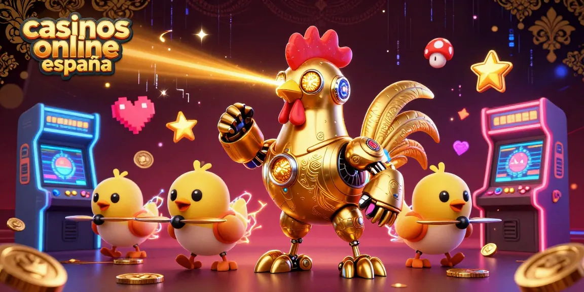 Animar en casinos online España con un robot gallo dorado y drones de pollitos en un ambiente vibrante.