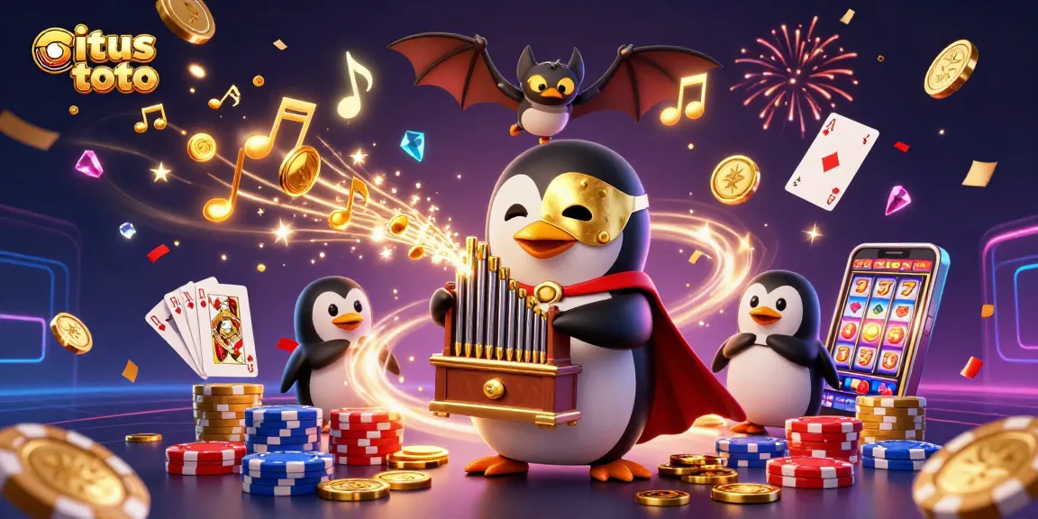 Experience the excitement at situs toto, featuring a cartoon penguin playing an organ of coins amidst colorful casino elements.
