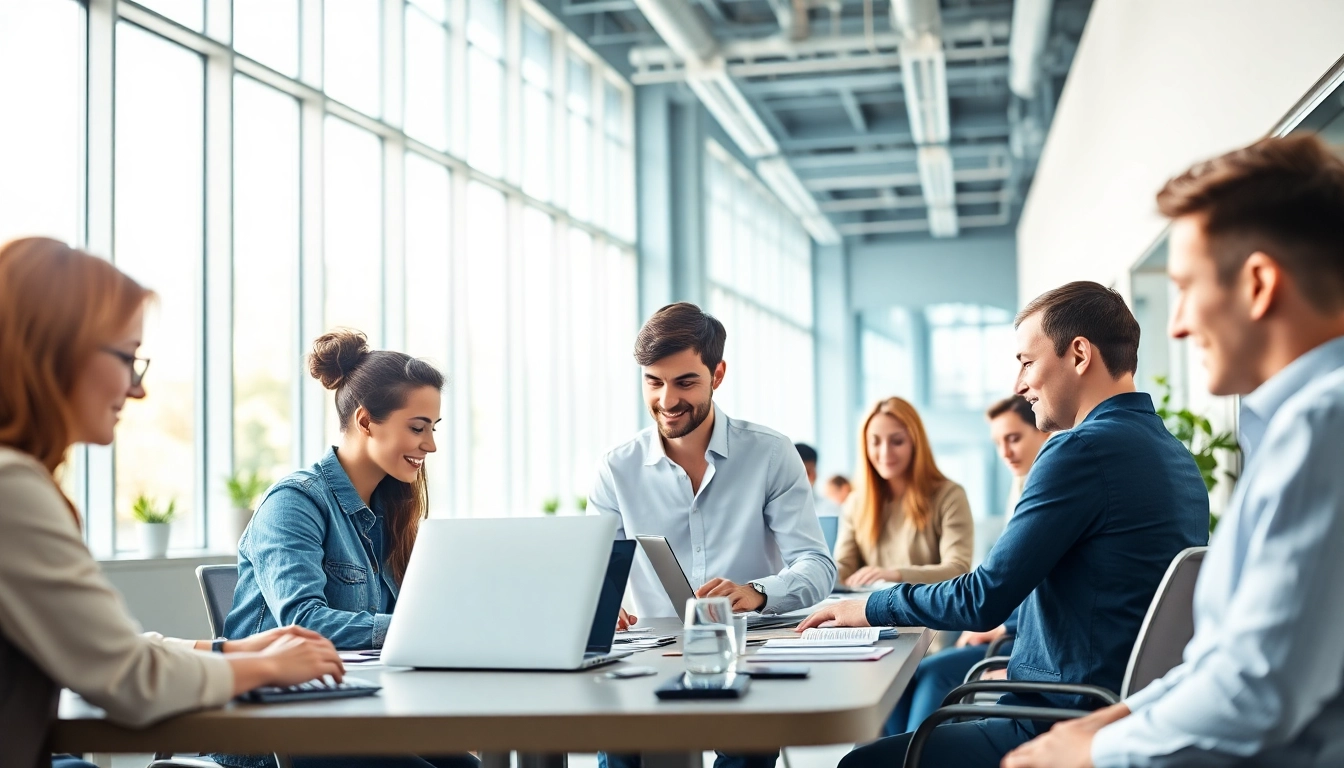 Engaging scene of an enterprise assistant facilitating teamwork in a modern office environment.