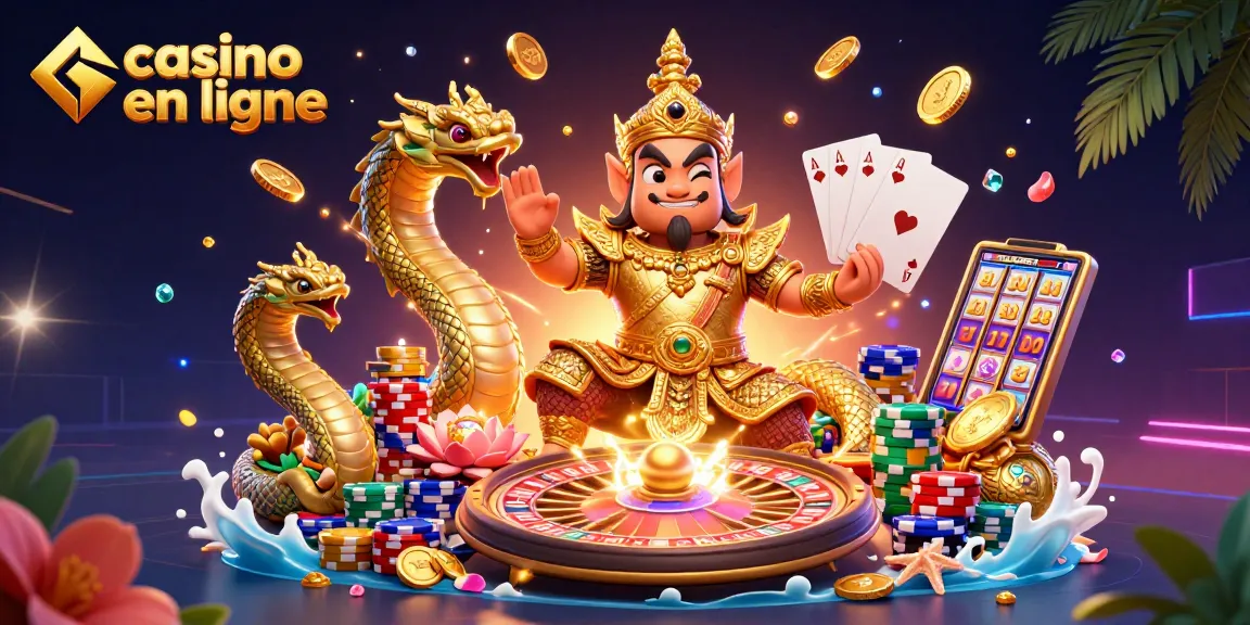 Jouez au casino en ligne avec une illustration 3D captivante incluant un gardien thaï et des éléments de jeu.