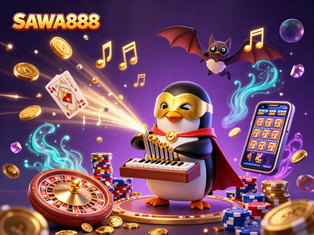 Experience the vibrant SAWA888 gaming with golden coins cascading from a pipe organ, illuminated by sparkling gemstones.