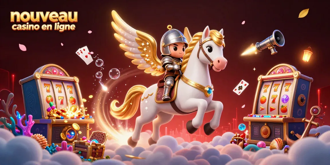 Illustration dynamique d'un nouveau casino en ligne mettant en scène un cheval céleste et une ambiance festive.