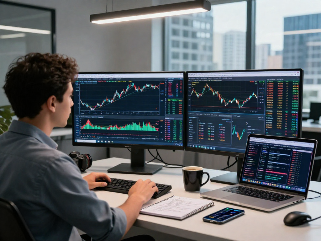 Trader using metatrader 5 for financial market analysis in a modern office