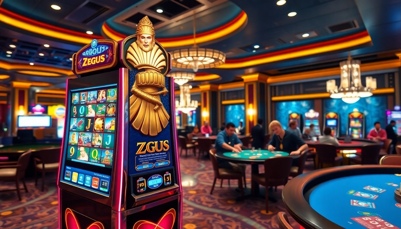 Rasakan sensasi mesin slot Zeus dengan dekorasi kasino berwarna-warni dan momen kemenangan.