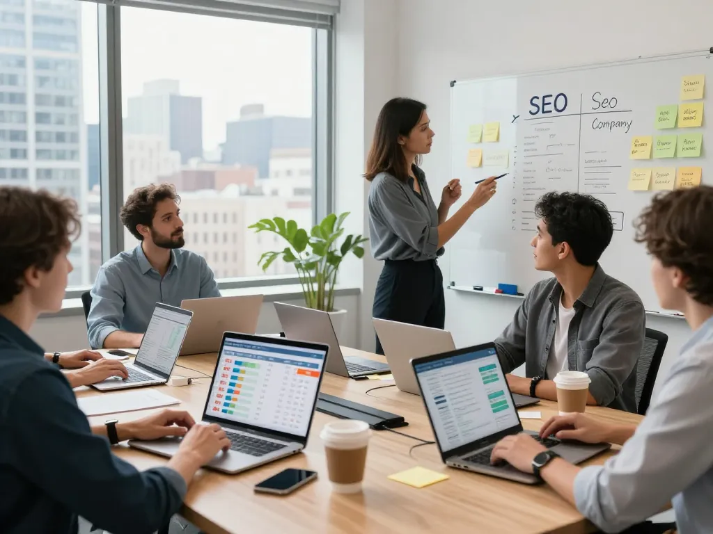 SEO Company in NYC team collaborating on innovative strategies in a modern office setting.