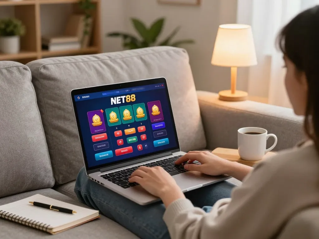 Nạp tiền NET88 for online gambling on a laptop in a cozy home setting with personal touches.